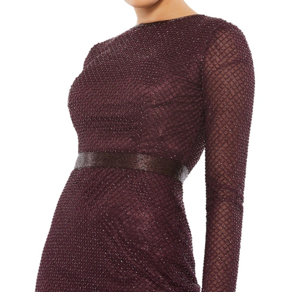 Mac Duggal Purple Plum Lattice Beaded Long Sleeve Modest Formal Midi Dress - Picture 8 of 16
